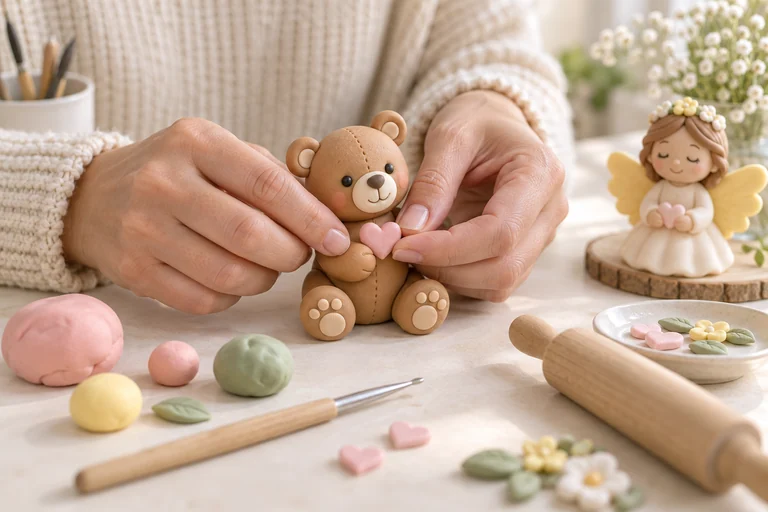 Cena ilustrativa de uma artesã montando um ursinho de biscuit com coração rosa