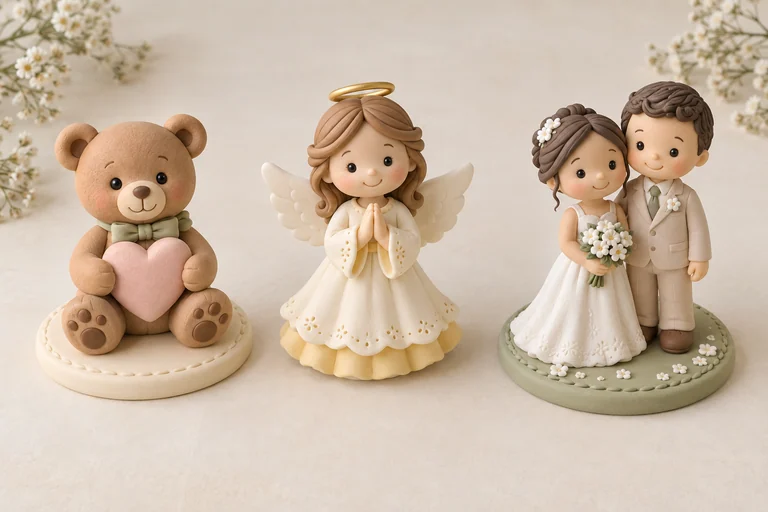 Ursinho, anjinho e casal de noivos em biscuit — imagem ilustrativa