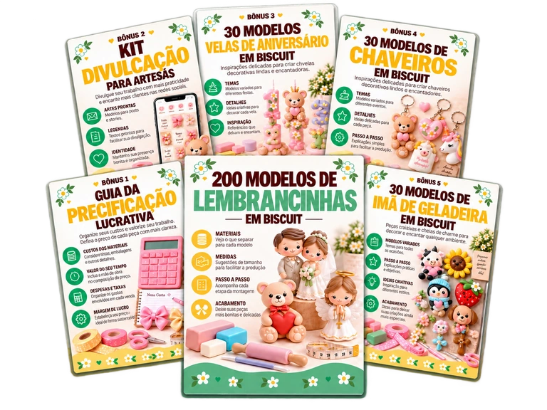 Mockup do catálogo de lembrancinhas em biscuit com os bônus enviados