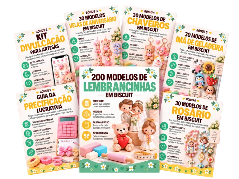 Mockup transparente do catálogo de lembrancinhas em biscuit com seis bônus